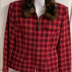 Ralph LaurenPlaid Red Jacket with Faux Fur Collar